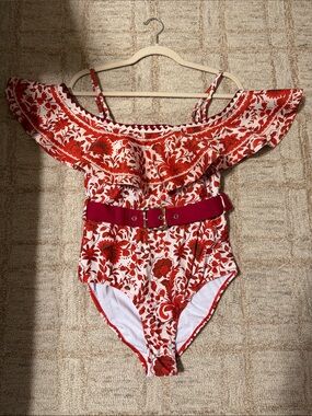 Flaxmaker floral Off-Shoulder One-Piece with Belt